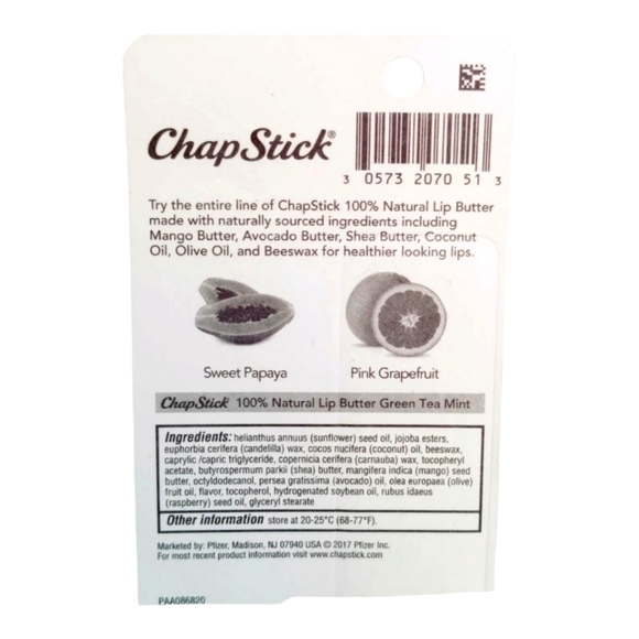 2 Chapsticks Green Tea Mint, 100% Natural Lip Butter with 8 Hour Moisture - Picture 2 of 2
